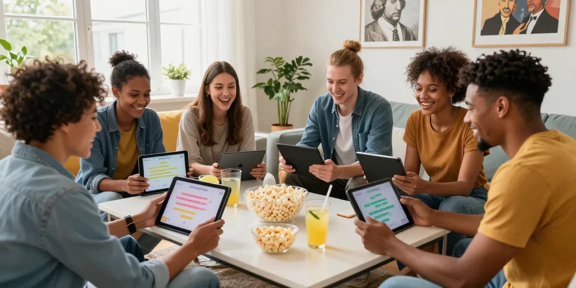 Group of friends enjoying quiz Allgemeinwissen in a lively living room setting with tablets.