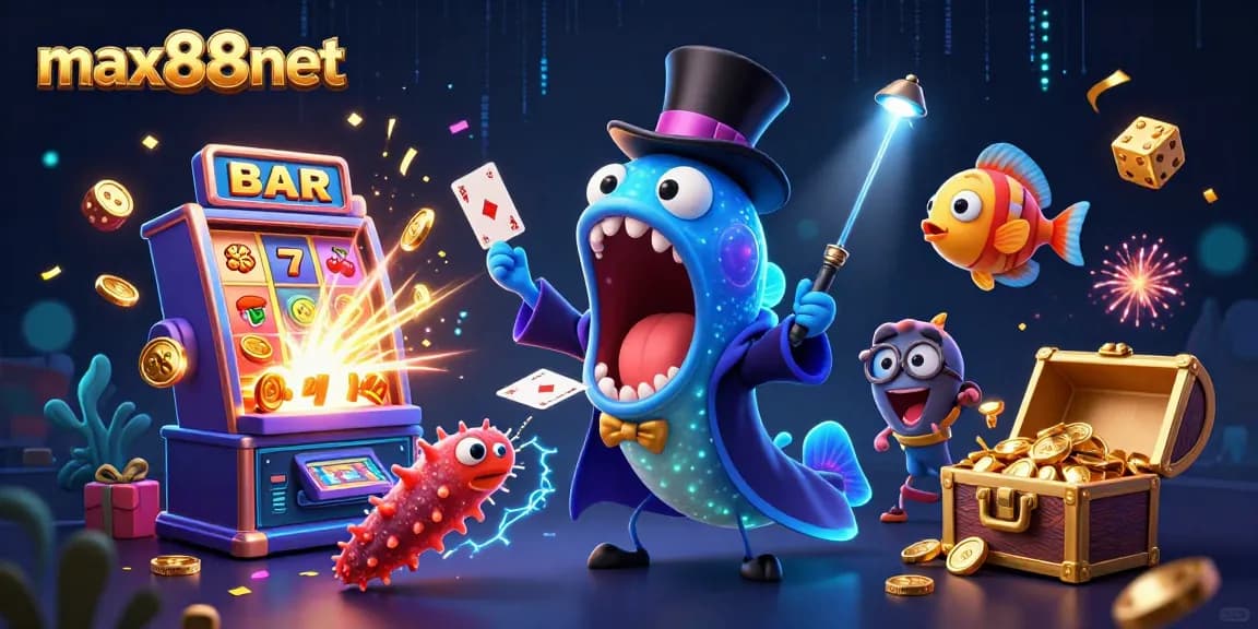 Experience thrilling card tricks with max88net in a vibrant underwater casino scene featuring unique sea creatures.