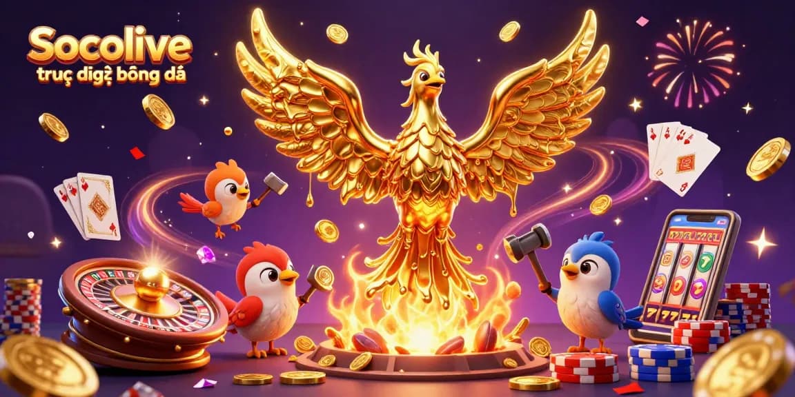 Socolive trực tiếp bóng đá showcases dynamic 3D golden phoenix and gambling elements for an engaging visual experience.