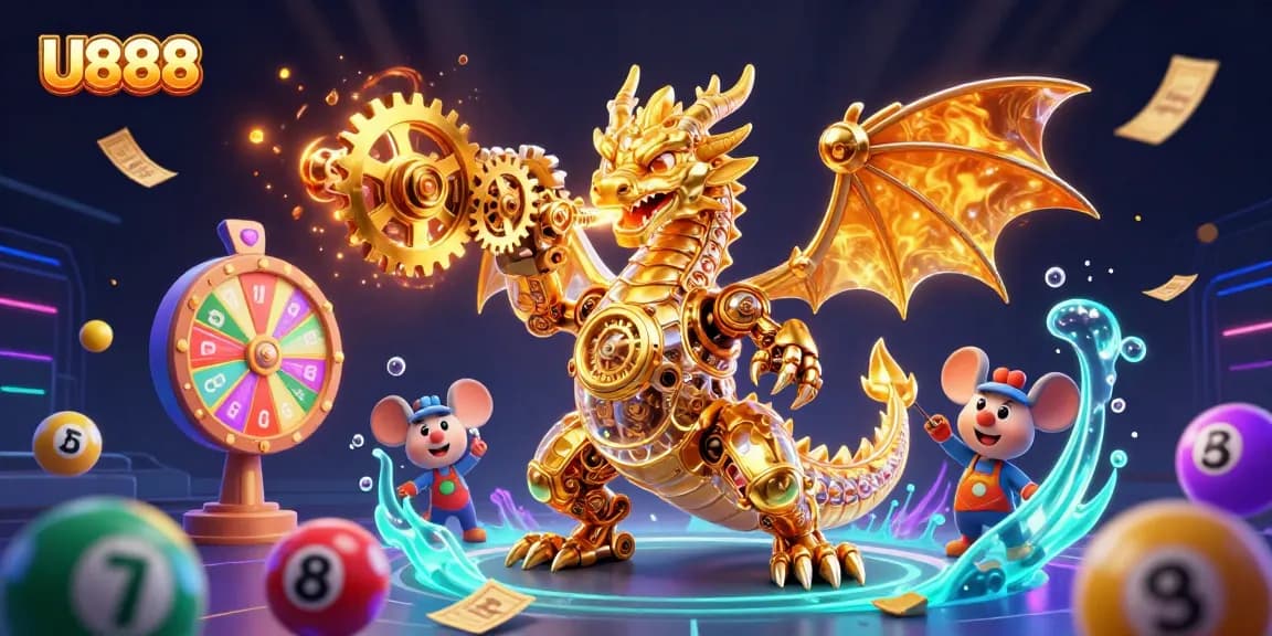 Experience thrilling wins with U888 in this dynamic scene featuring a golden dragon and lottery elements.