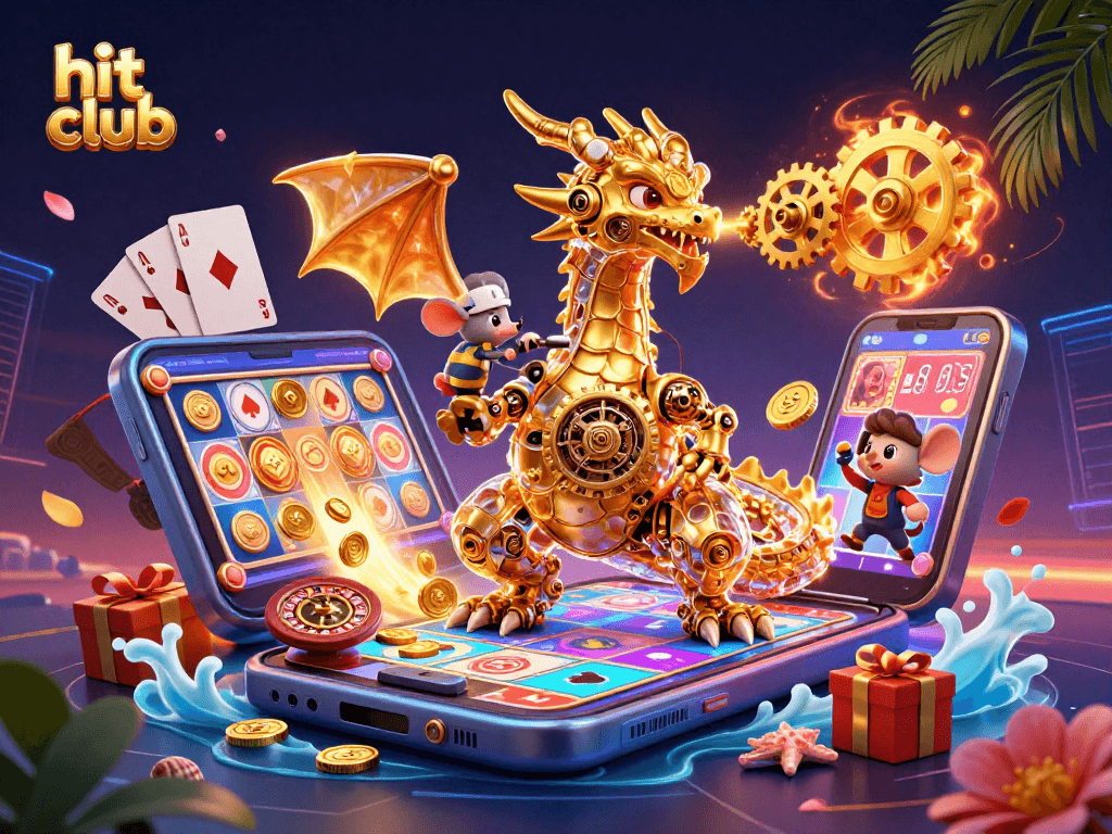Experience excitement at hit club with a dragon breathing gears and gold coins amidst colorful casino games.
