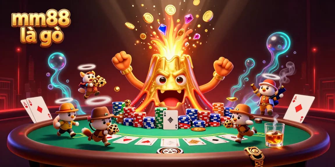 Discover the world of mm88 là gì through an exciting casino scene filled with treasures and poker elements.