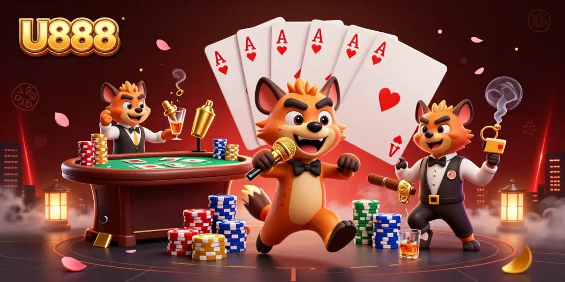 Experience thrilling bets at U888 with lively hyena characters in a vibrant casino scene.