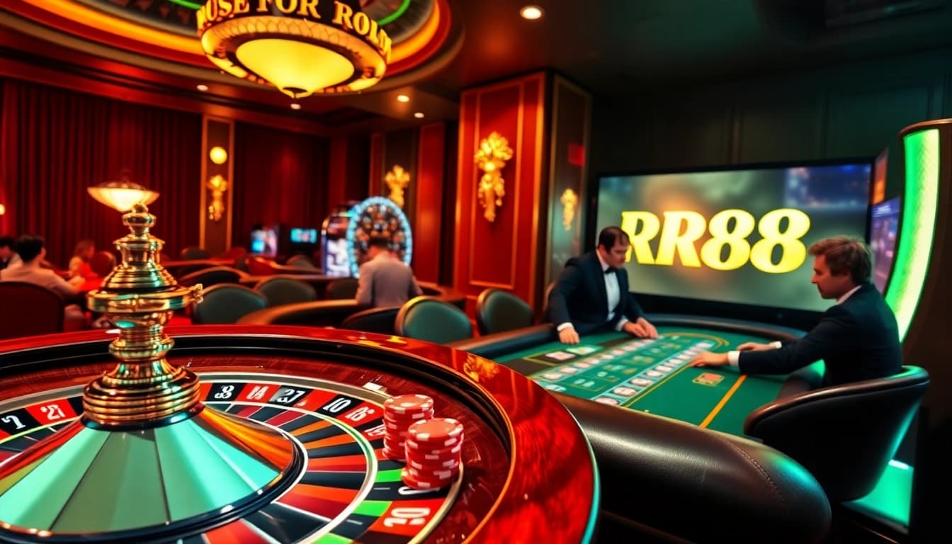 Play exciting games at RR88, with vibrant roulette wheels and elegant poker setups.