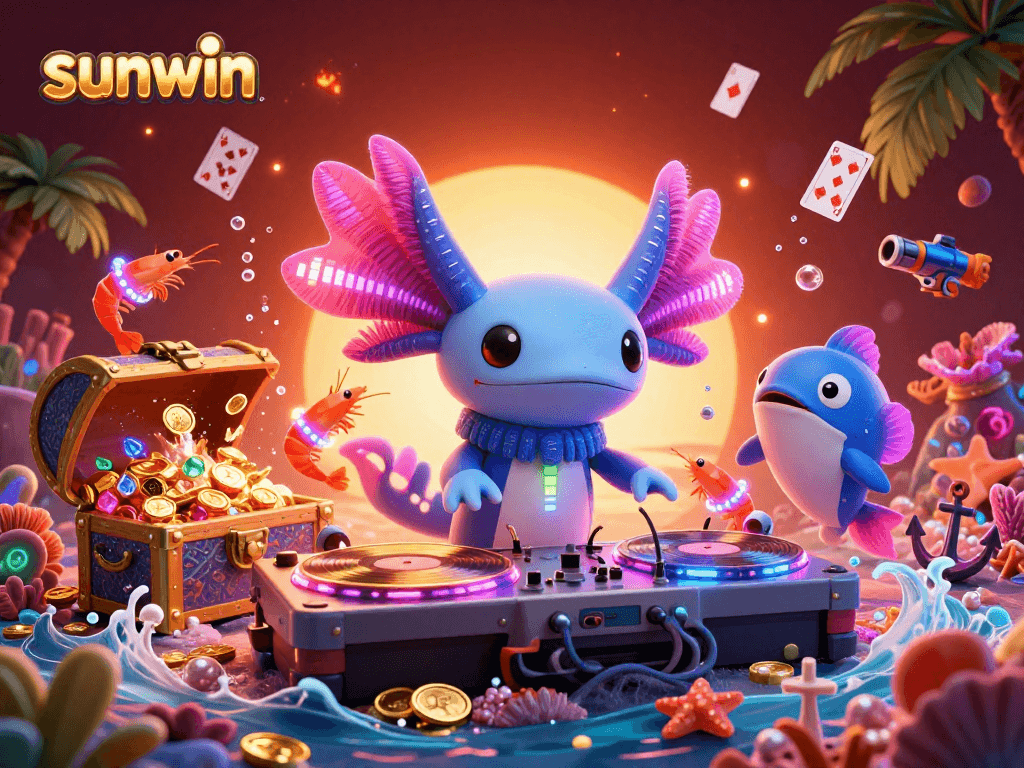 Join the vibrant sunwin casino party with a neon axolotl DJ and dancing sea creatures.