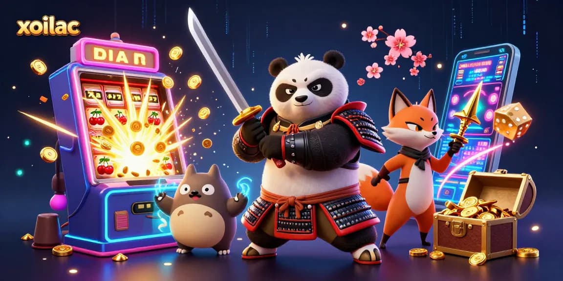 Experience xoilac with a fierce panda samurai and ninja fox amid exciting casino elements.