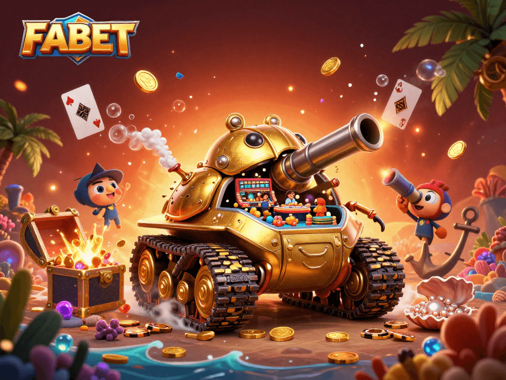 Join FABET's vibrant casino world, featuring a golden beetle tank and lively gameplay elements.