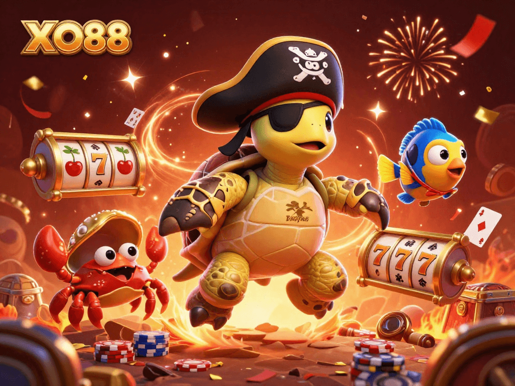 Experience the thrill of XO88 at this engaging casino visual featuring vibrant characters, celebrated symbols, and dynamic game elements.