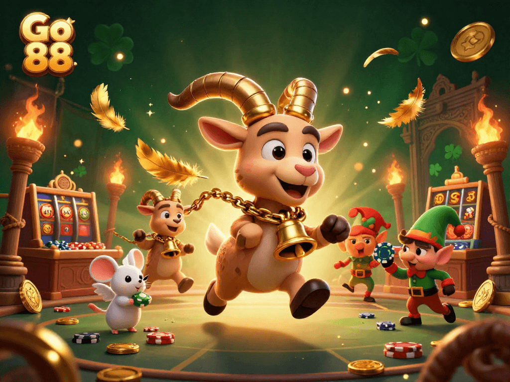 Experience the vibrant Go 88 casino scene with a Krampus goat, angel mouse, and mischievous gremlins in a dynamic 3D illustration.