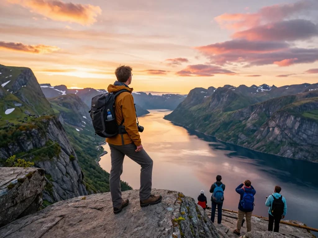 Erleben Sie Urlaub in Skandinavien mit Reisenden, die während des Sonnenuntergangs atemberaubende Fjordblicke in Norwegen genießen.