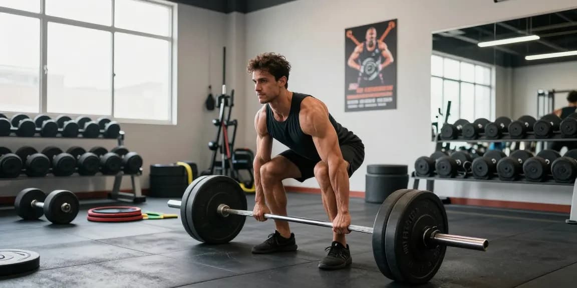 Kraftsportler im Anabolikashop beim Deadlift-Training, umgeben von Fitnessgeräten und natürlichem Licht.