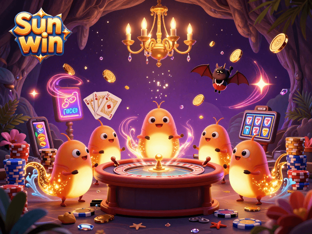 Join the fun at Sun win casino with lively glowworms illuminating a high-energy gaming scene.