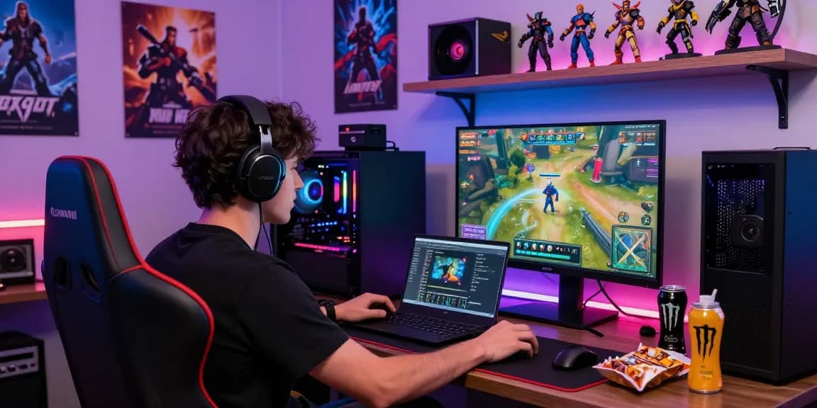 MMOO gamer in immersive setup showcasing vibrant gaming culture with LED lights and character customization.