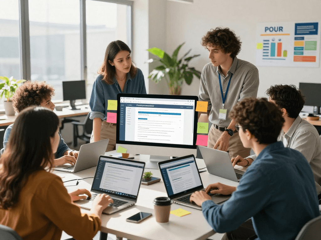 Team collaborating on barrierefreie und rechtssichere Webseiten Dienstleistung in a modern office setting, showcasing teamwork and digital tools.