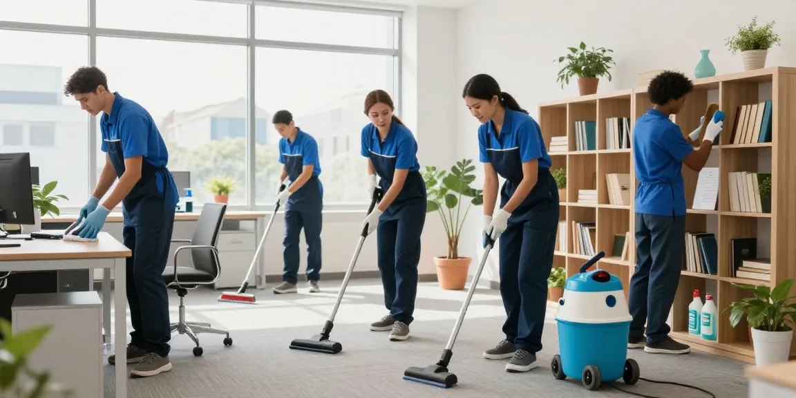 Professional cleaning service team in an office with reinigungsfirmen solothurn expertise, displaying cleaning tools and teamwork.