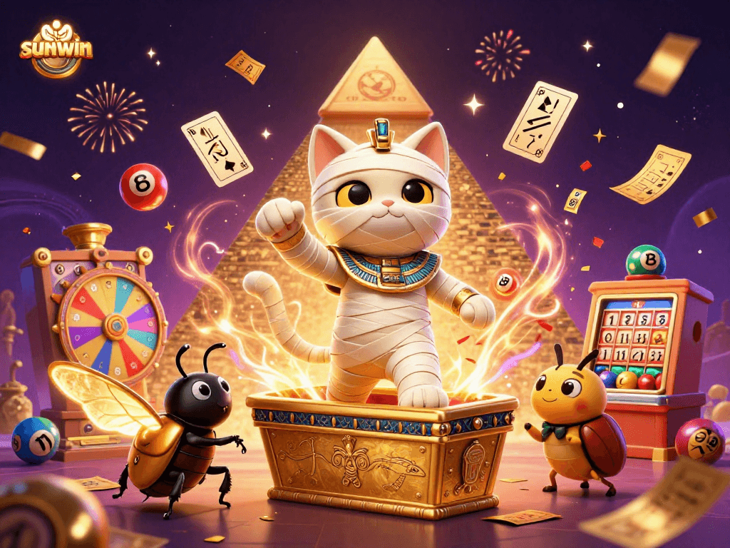 Experience sunwin's thrilling casino adventure with a glowing mummy cat and vibrant lottery elements.