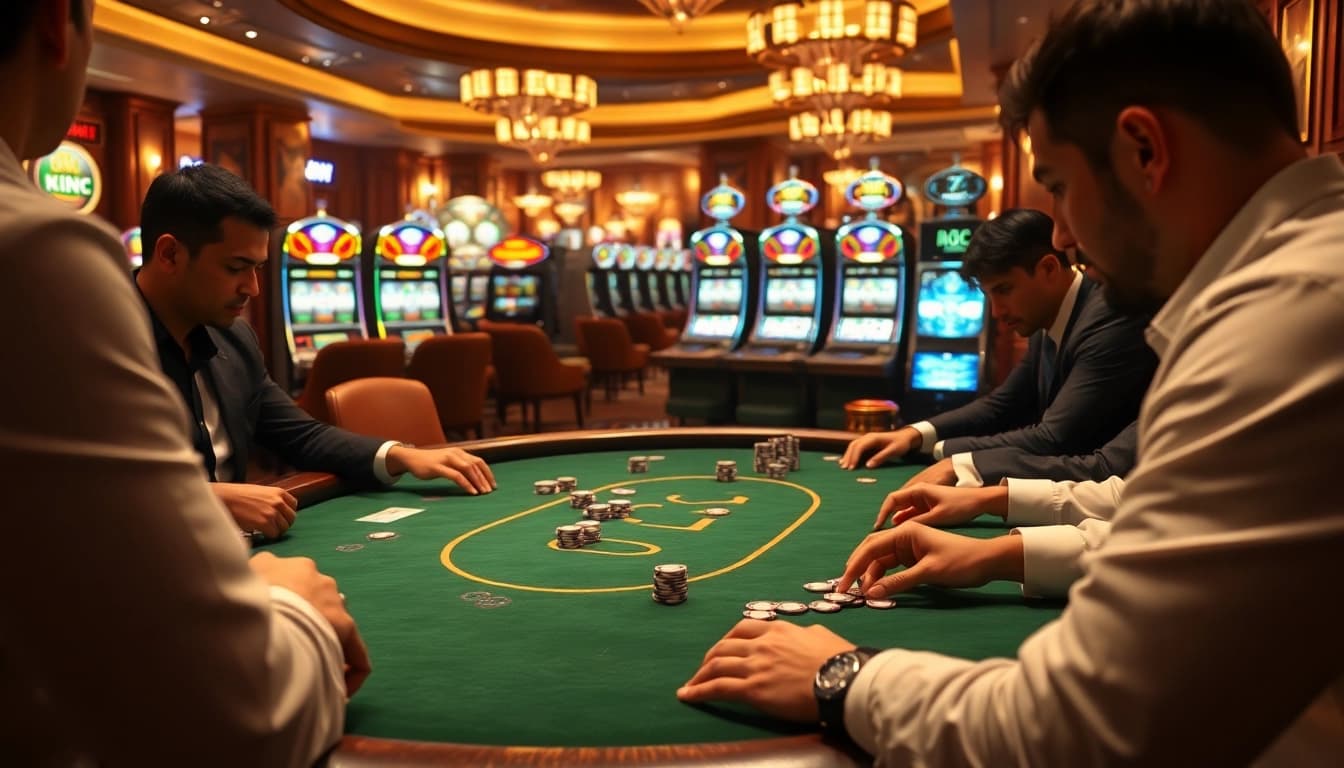 KJC poker game with vibrant chips and luxurious casino ambiance