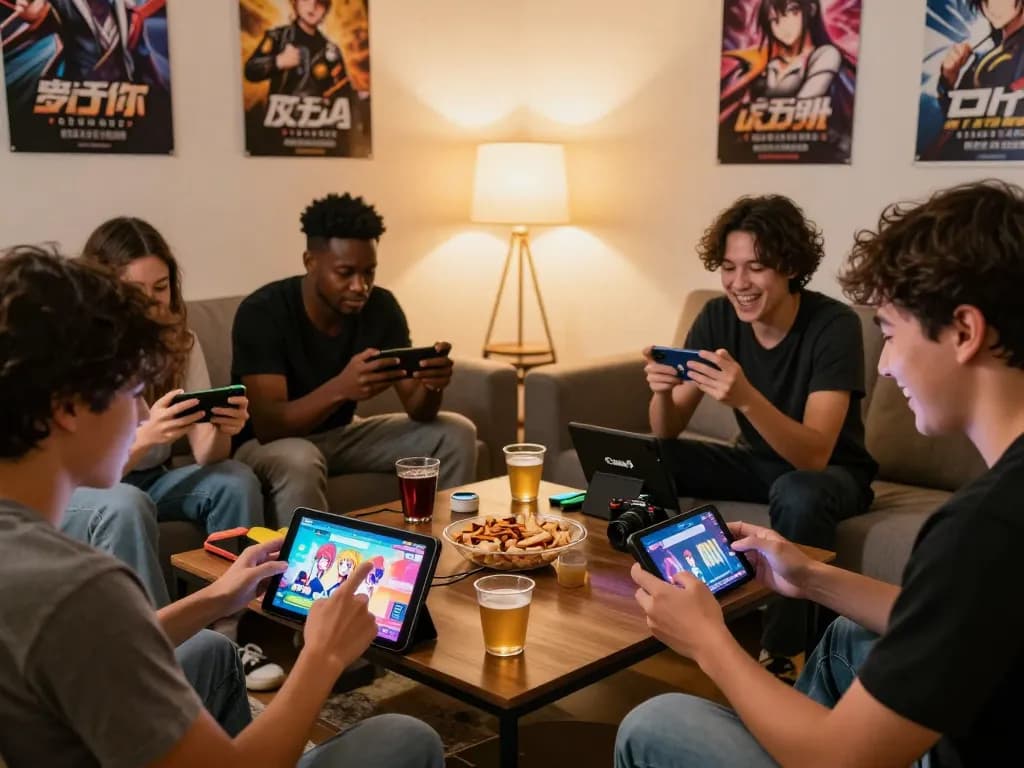 Group of gamers enjoying free mobile porn games in a cozy living room.