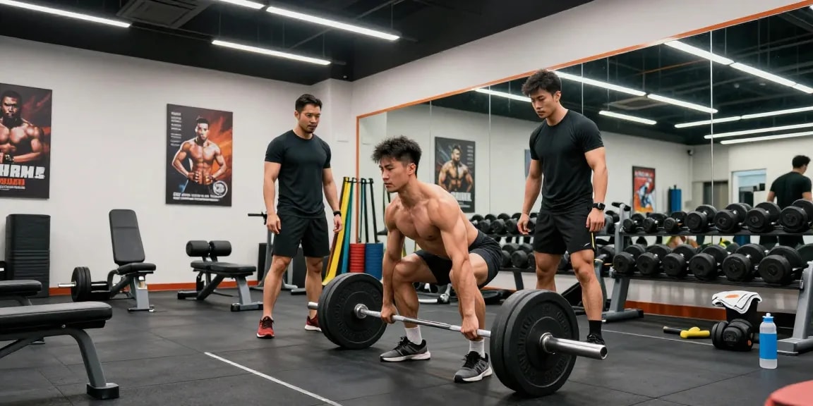 Steroidshop: Bodybuilder beim Deadlift-Training in modernem Fitnessstudio, motivierende Atmosphäre.