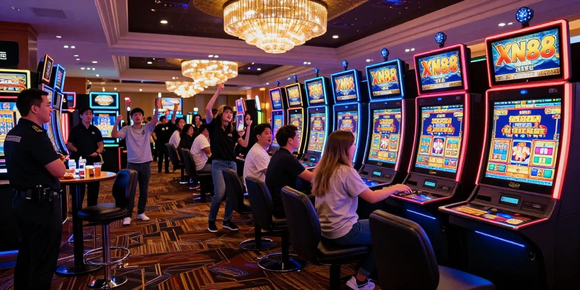 Playing XN88 slot machine in a vibrant casino atmosphere with friends.
