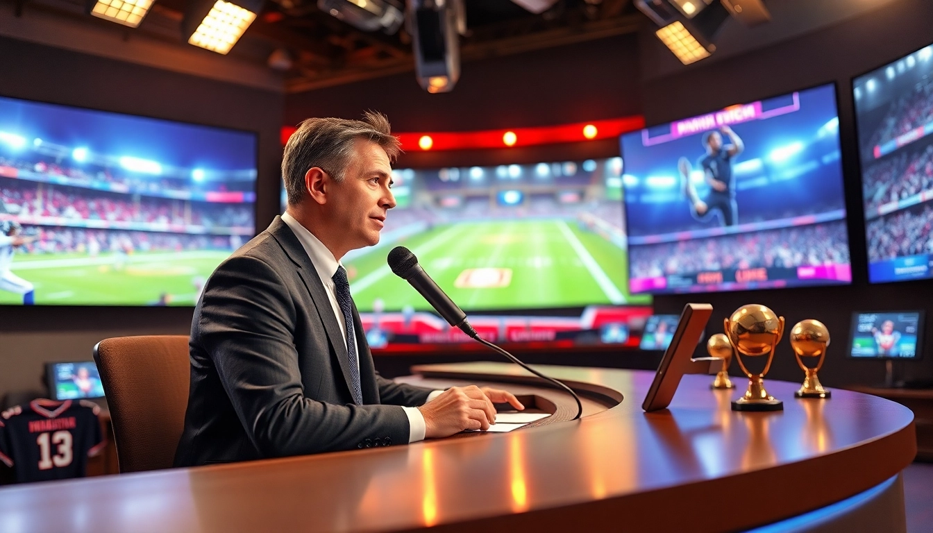 Engaging announcer in a sports broadcasting studio, showcasing live Sports Broadcasting excitement.