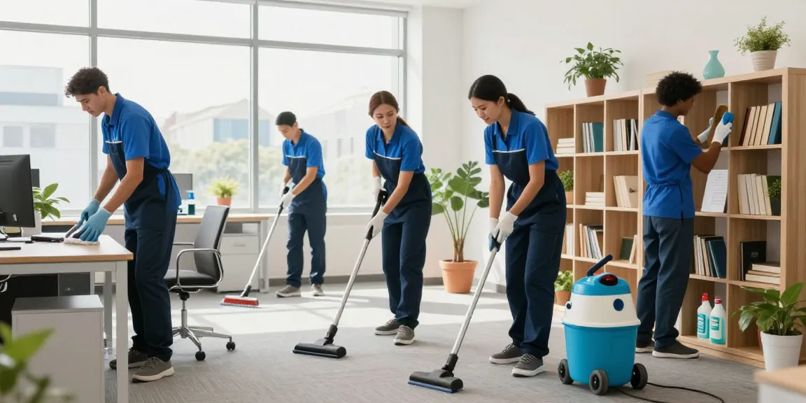 Professional cleaning service team in an office with reinigungsfirmen solothurn expertise, displaying cleaning tools and teamwork.