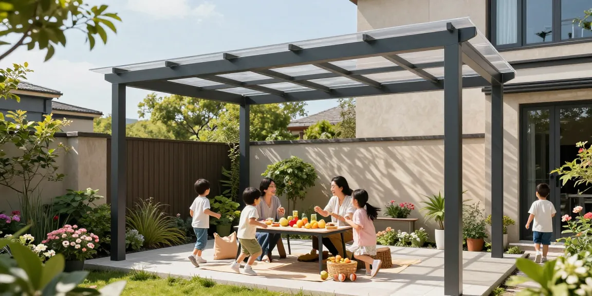 Terrassenüberdachung freistehend als stilvolle Pergola, Familie genießt Picknick im Garten.
