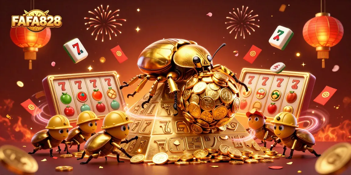 Experience the excitement of FAFA828 as a golden dung beetle rolls a coin ball up a pyramid surrounded by casino symbols.