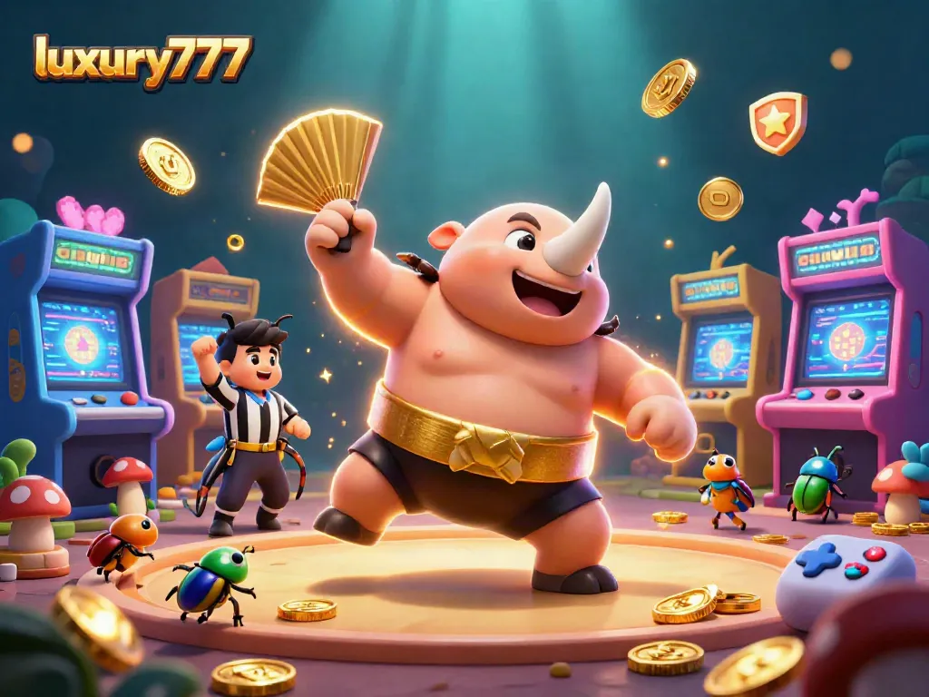Experience luxury777 with a vibrant, action-packed casino scene featuring a sumo beetle and thrilling game elements.
