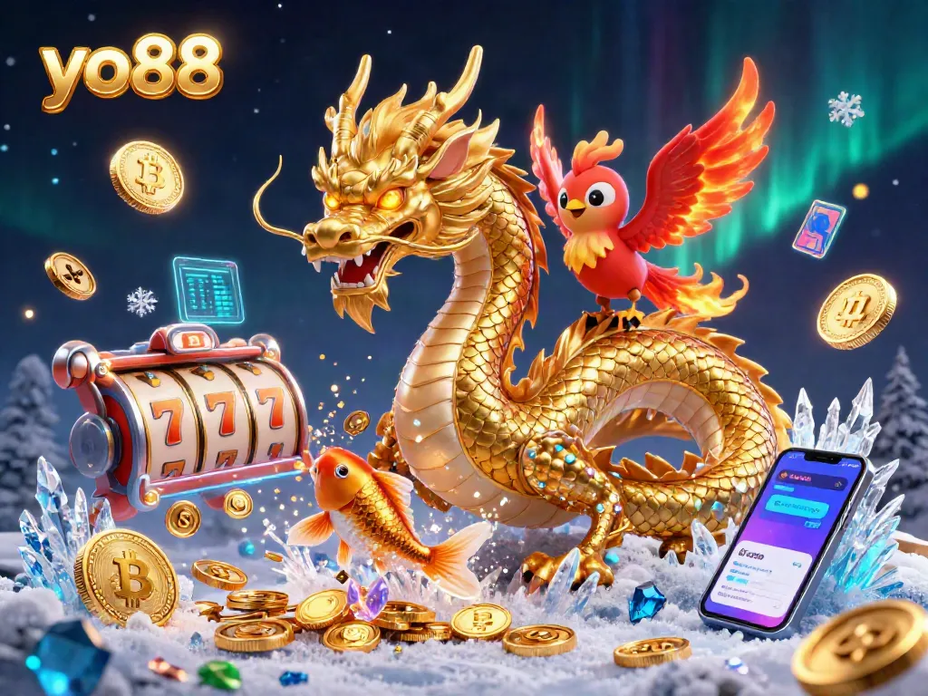 Experience the excitement of yo88 with a dragon and phoenix amidst vibrant slots and crypto elements.