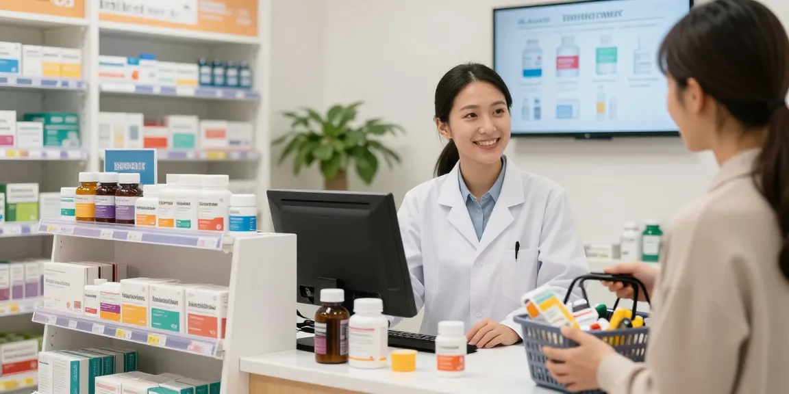 Besuch im Selliza Pharma Shop mit freundlichem Apotheker und gesundheitsfördernden Produkten, moderne Atmosphäre.