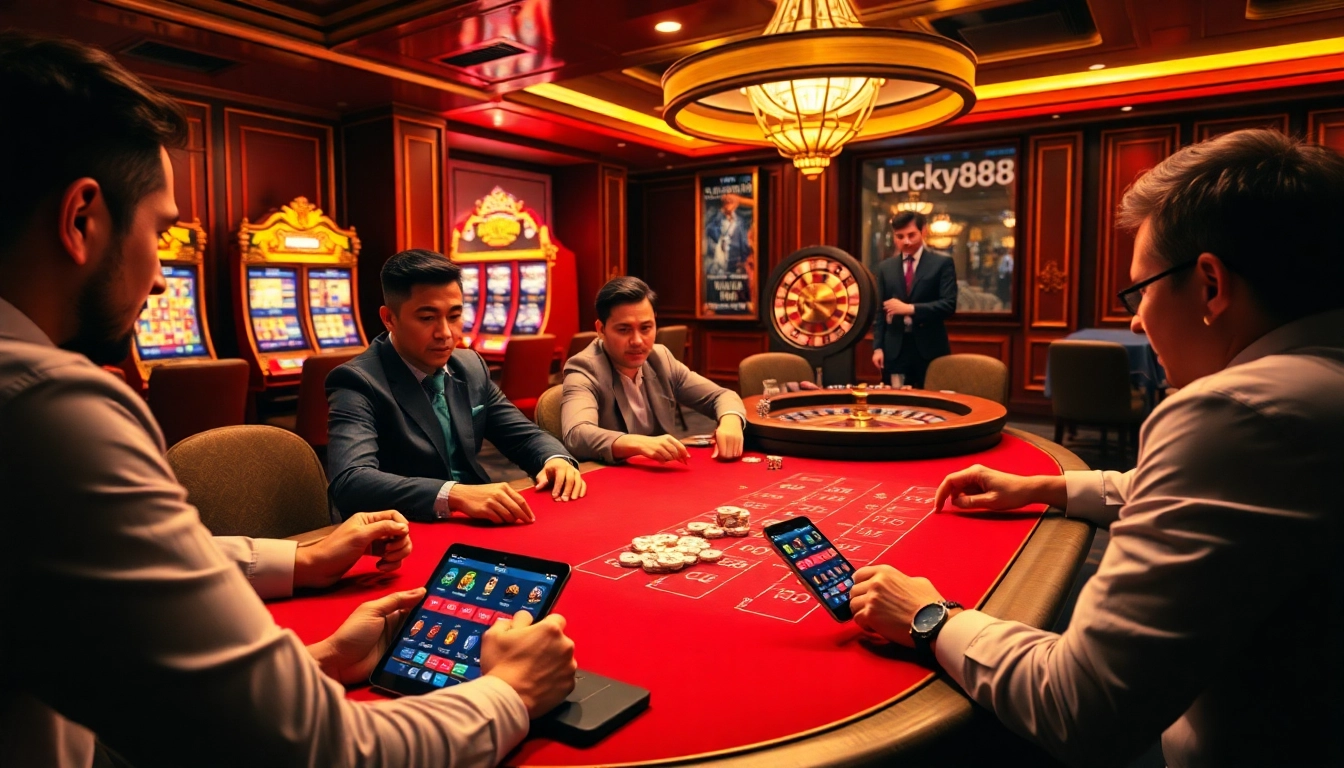 Players experiencing thrill at a lucky88 casino table with vibrant slot machines.