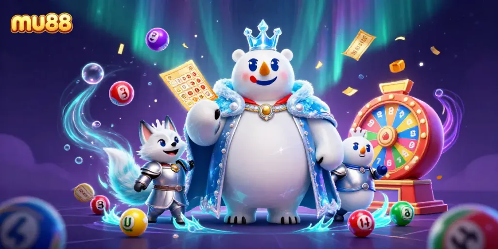 Engaging mu88 casino scene showcasing a royal polar bear and snow fox amidst vibrant lottery elements.