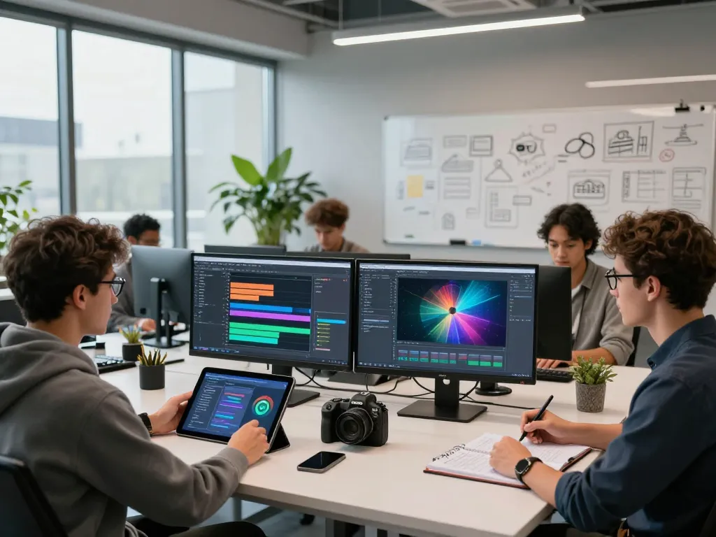 Team exploring features of Kling AI 2.12 in a modern tech workspace.