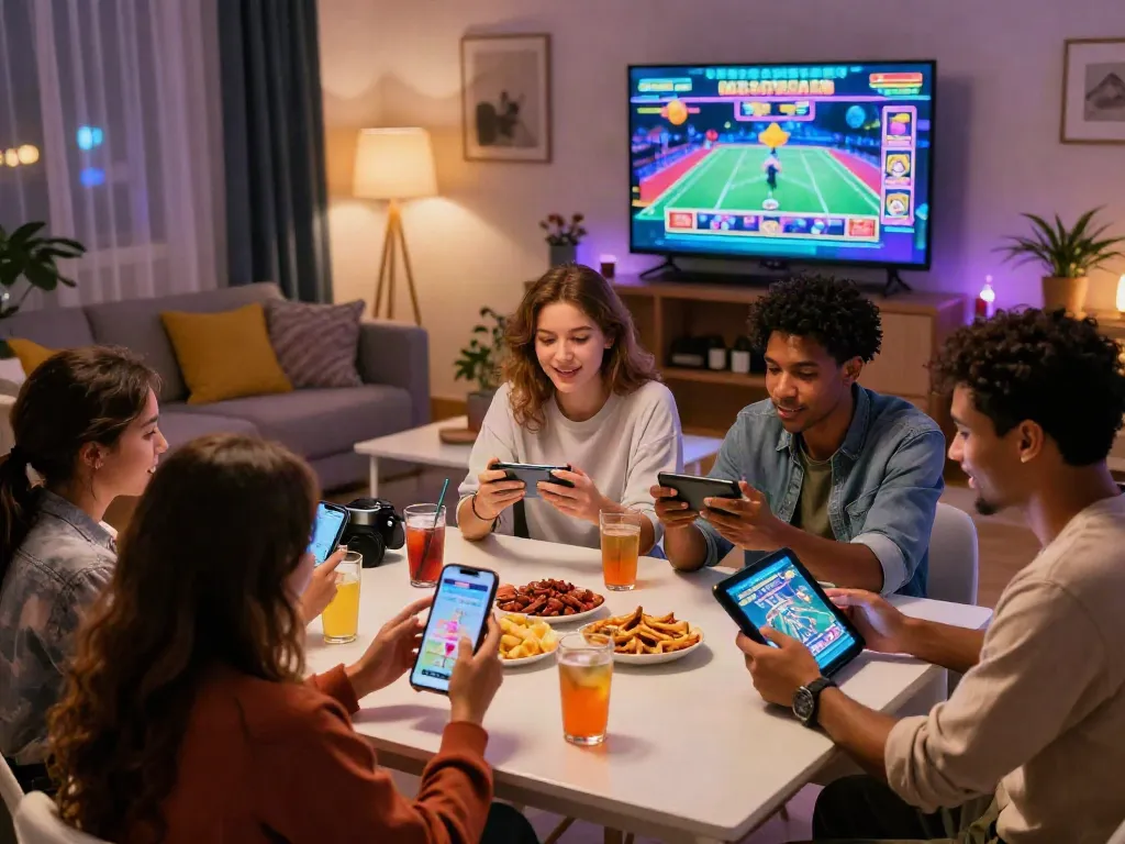 Neue Mobile Casinos auf MeinBezirk – Freunde genießen aufregendes Casino-Spiele bei einem gemütlichen Spieleabend zu Hause.