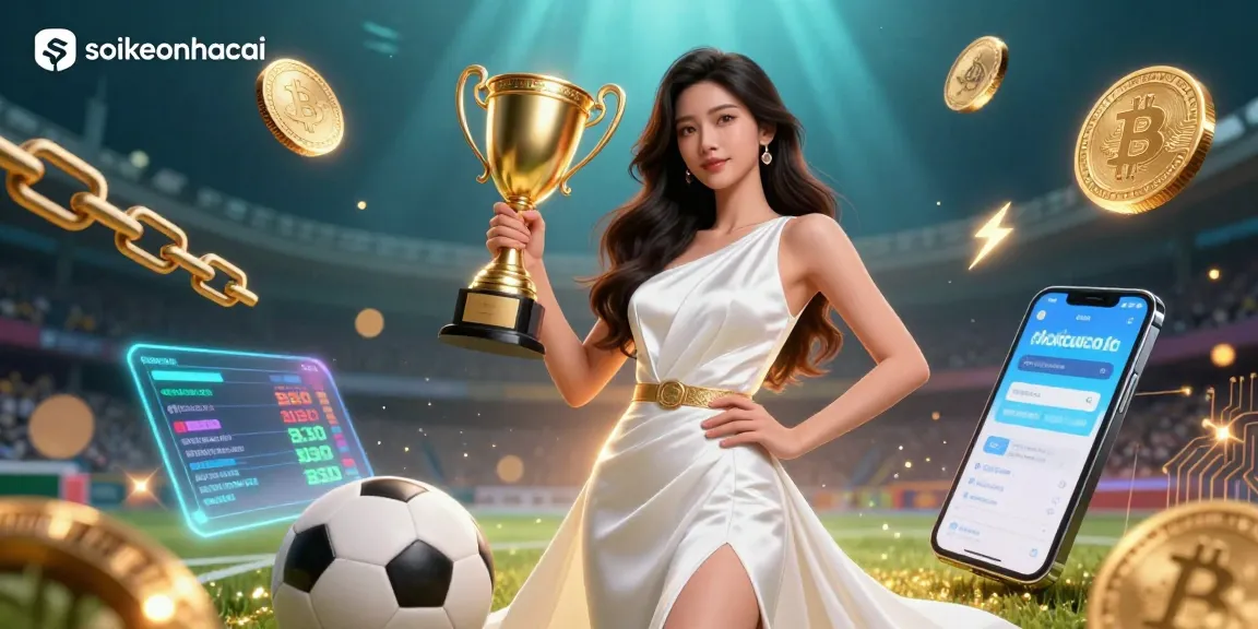 Join the winning moment with soikeonhacai featuring a victorious Asian woman holding a trophy against a dynamic sports betting backdrop.