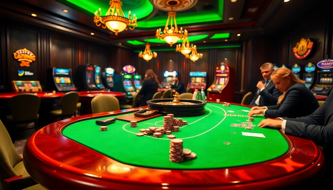 High-stakes gaming at U8888 casino with poker, roulette, and vibrant slot machines.