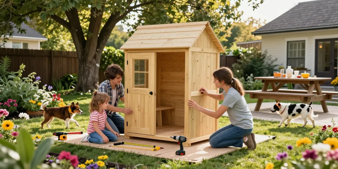 Familie baut ihr neues Gartenhaus im sonnigen Garten zusammen.