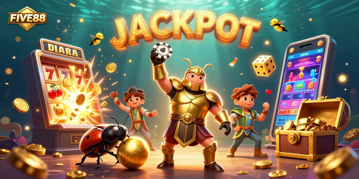 Experience the excitement of FIVE88 with a winning beetle lifting a poker chip amidst a jackpot explosion.