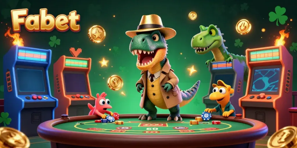 Fabet's engaging blackjack scene showcases a velociraptor card counter and stegosaurus pit boss in a vibrant casino atmosphere.