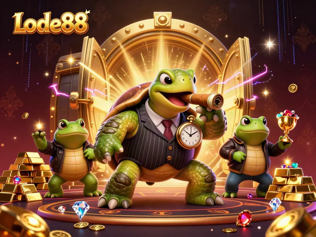 Experience thrilling gameplay at Lode88 with a unique scene featuring a snapping turtle and enforcers amidst bling and riches.