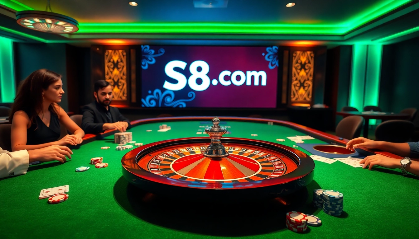 Experience thrilling gambling action at S8.com with vibrant casino tables and excited players.