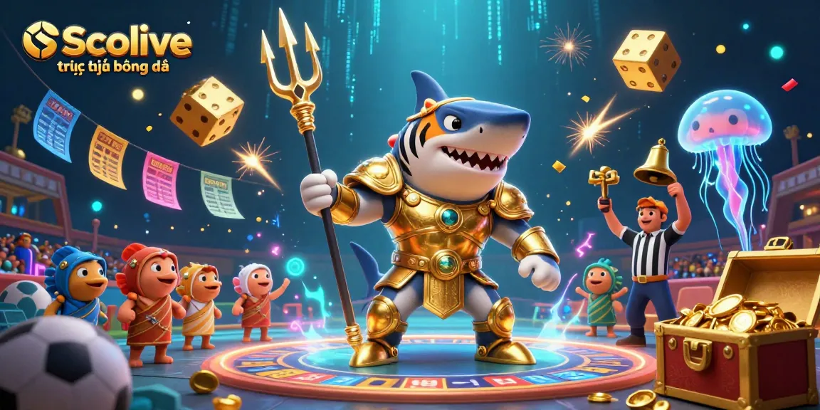 Socolive trực tiếp bóng đá showcases a vibrant underwater sports betting scene featuring a fierce tiger shark and gold treasures.