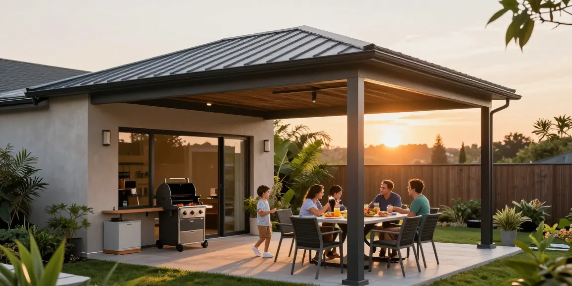 Terrassenüberdachung aus Aluminium in einem modernen Außenbereich mit Familie beim Grillen.