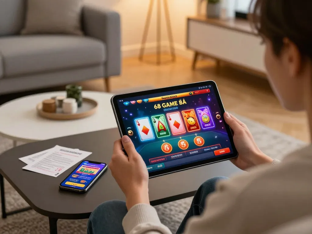 Player engaging with the 68 Game Bài online platform on a tablet, displaying strategic gambling notes.