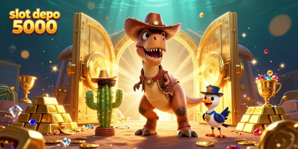 Experience thrilling action with slot depo 5000 in a dynamic scene featuring a cartoon dinosaur and treasure.