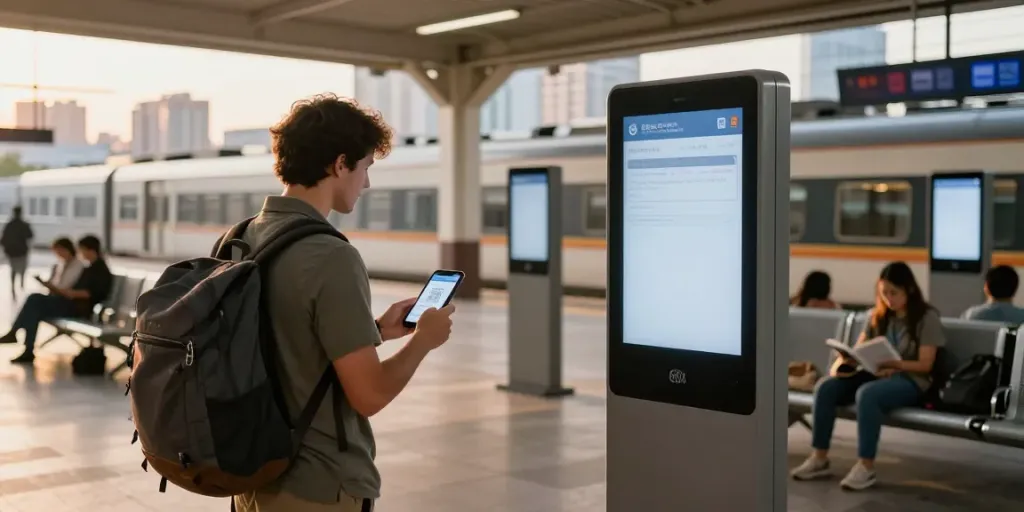 Ein Reisender, der ein Zugticket online kauft, stehend an einem Bahnhof mit modernen Anzeigetafeln.