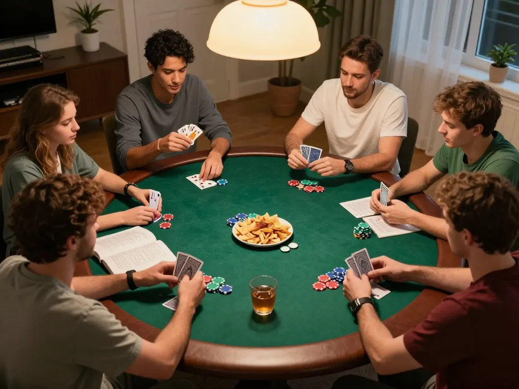 Engaging players in a home poker night, showing strategic gameplay and snacks, promoting Plagiat scannen.