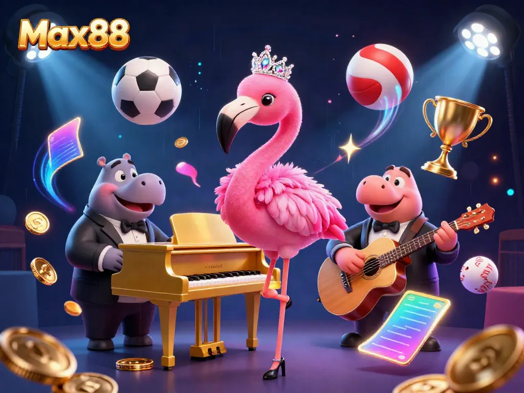 Experience Max88 with vibrant casino entertainment featuring a flamingo singer and hippo bassist amidst dynamic gambling elements.