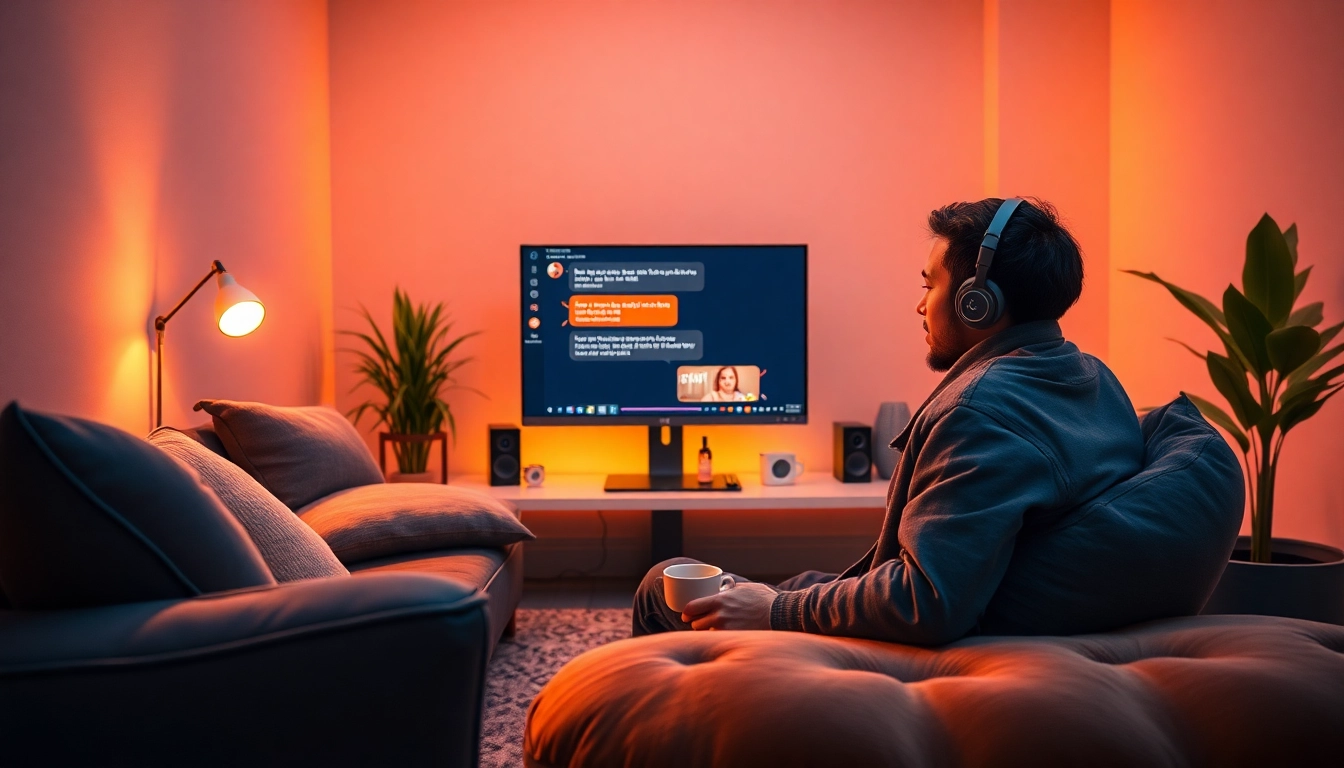 Engaging in AI chat NSFW in a cozy digital lounge with ambient lighting.